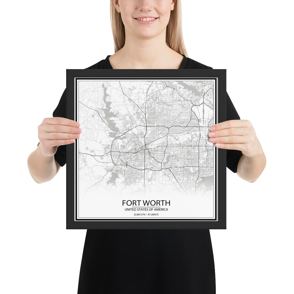 Fort Worth White Framed Map