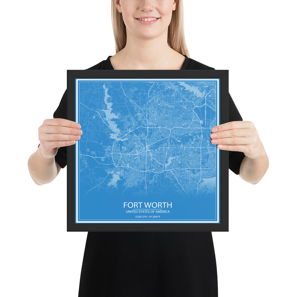 Fort Worth Blue and White Framed Map