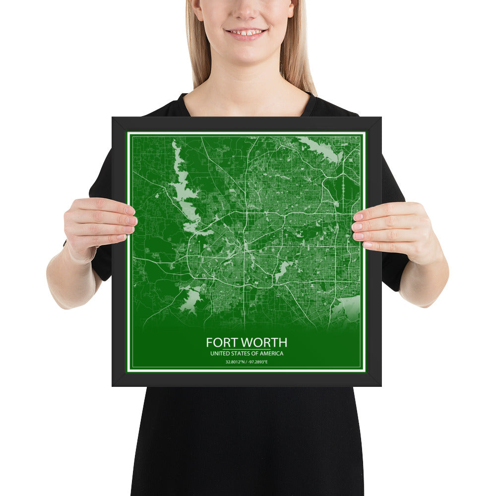 Fort Worth Green and White Framed Map