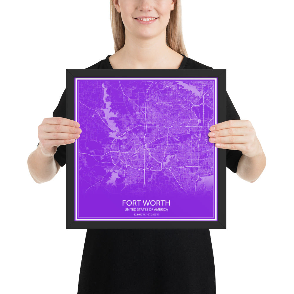 Fort Worth Purple and White Framed Map