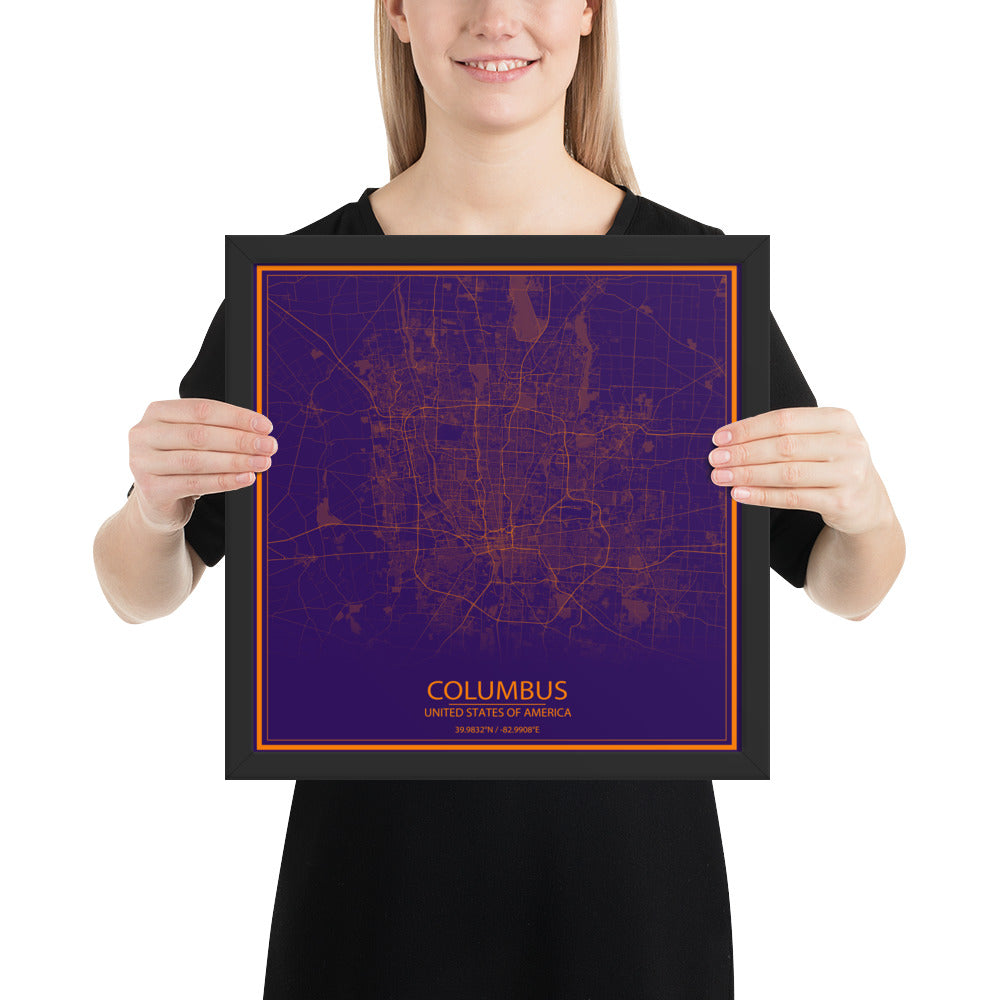 Columbus Purple and Orange Framed Map