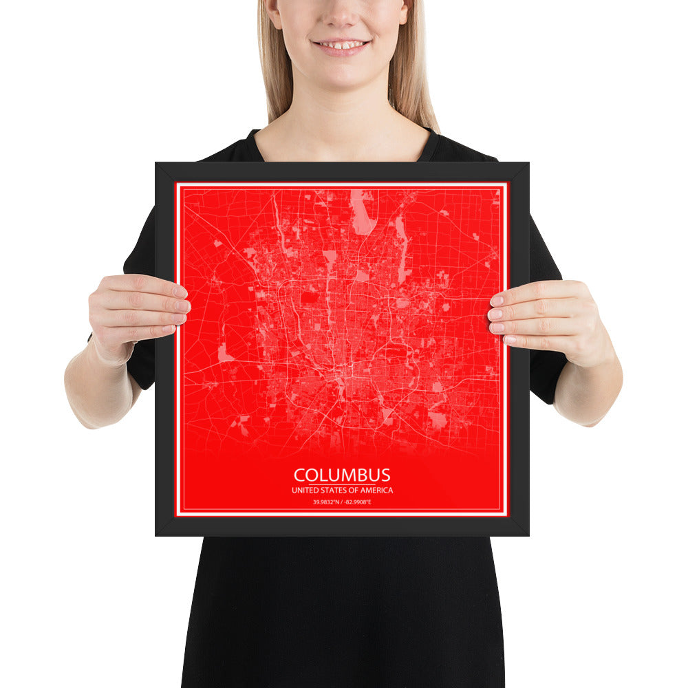 Columbus Red and White Framed Map