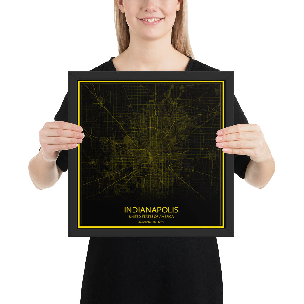 Indianapolis Black and Yellow Framed Map