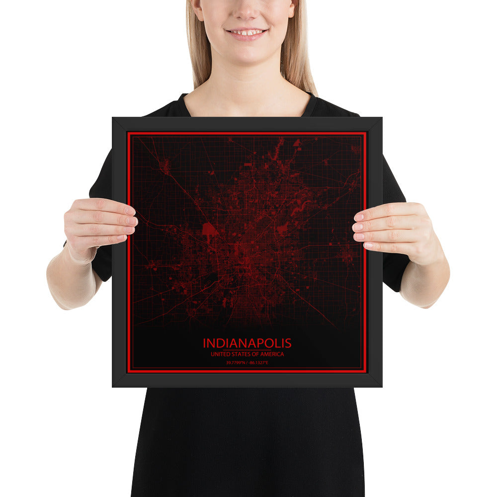 Indianapolis Black and Red Framed Map