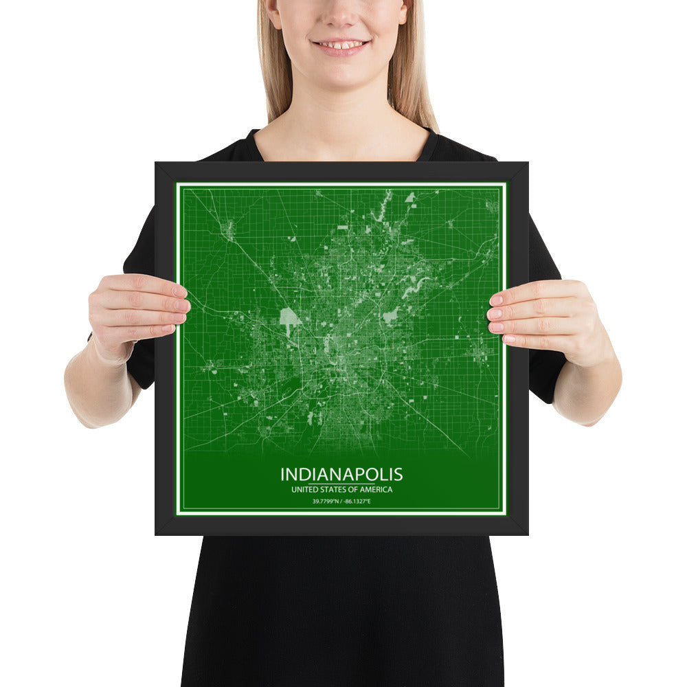 Indianapolis Green and White Framed Map