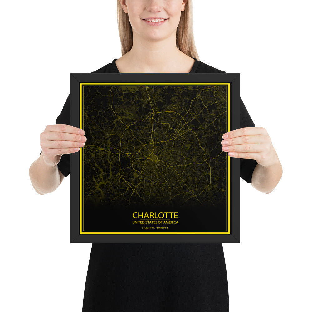 Charlotte Black and Yellow Framed Map