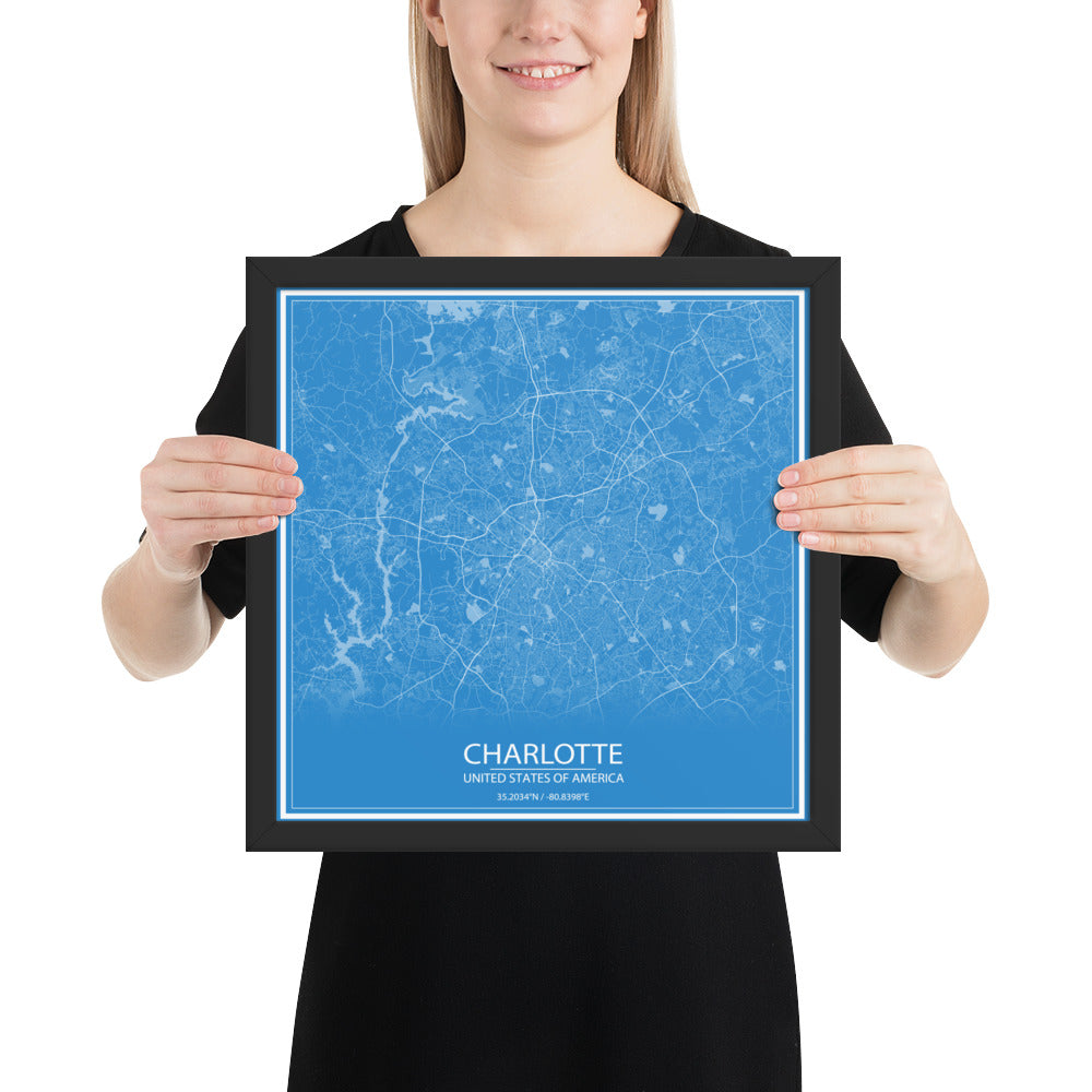 Charlotte Blue and White Framed Map