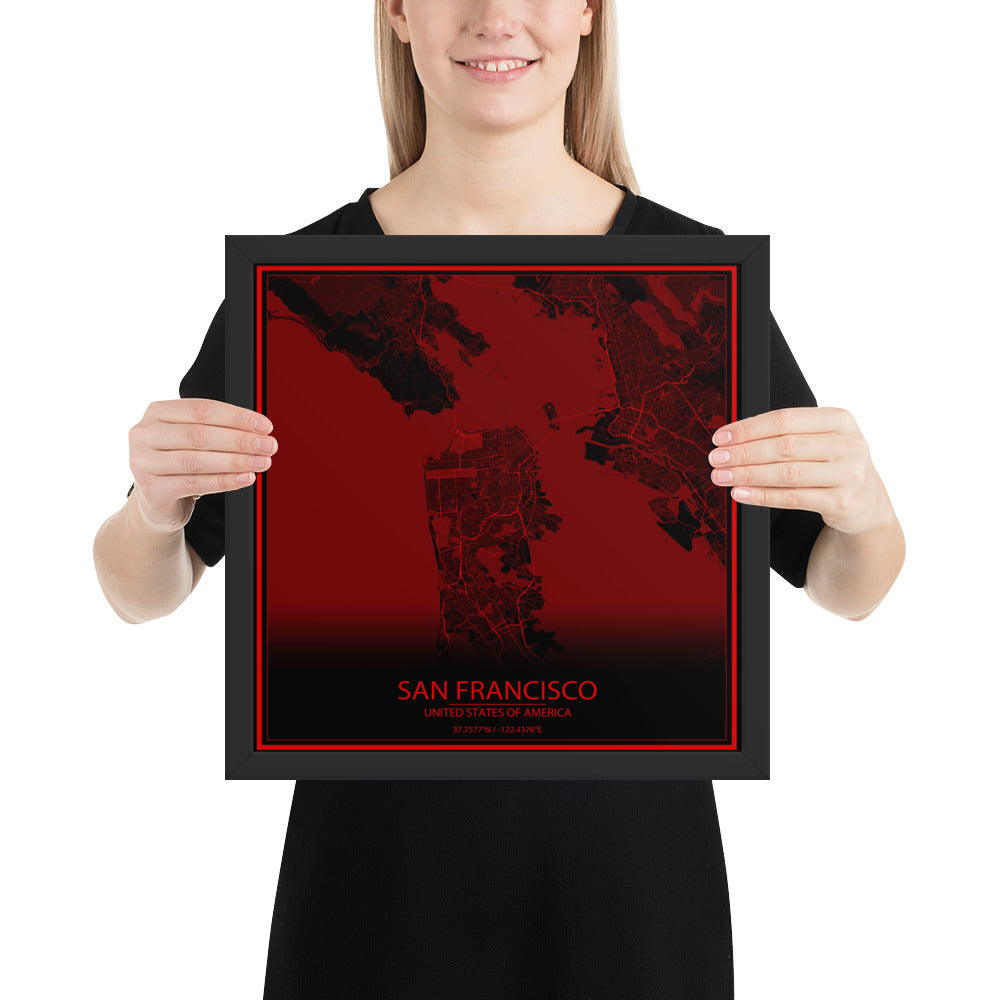 San Francisco Black and Red Framed Map