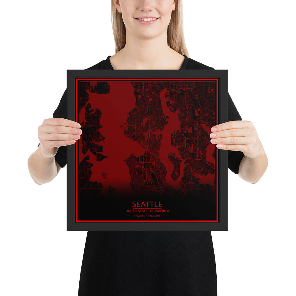 Seattle Black and Red Framed Map