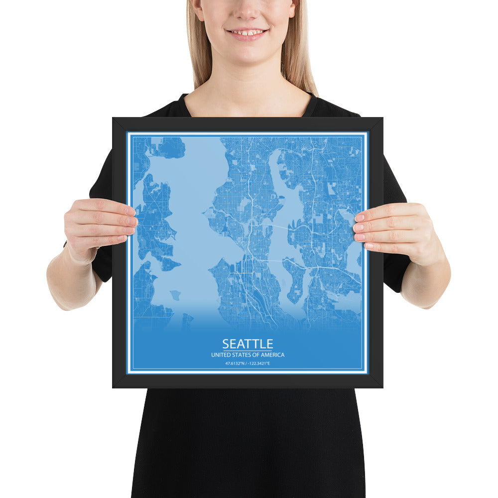 Seattle Blue and White Framed Map