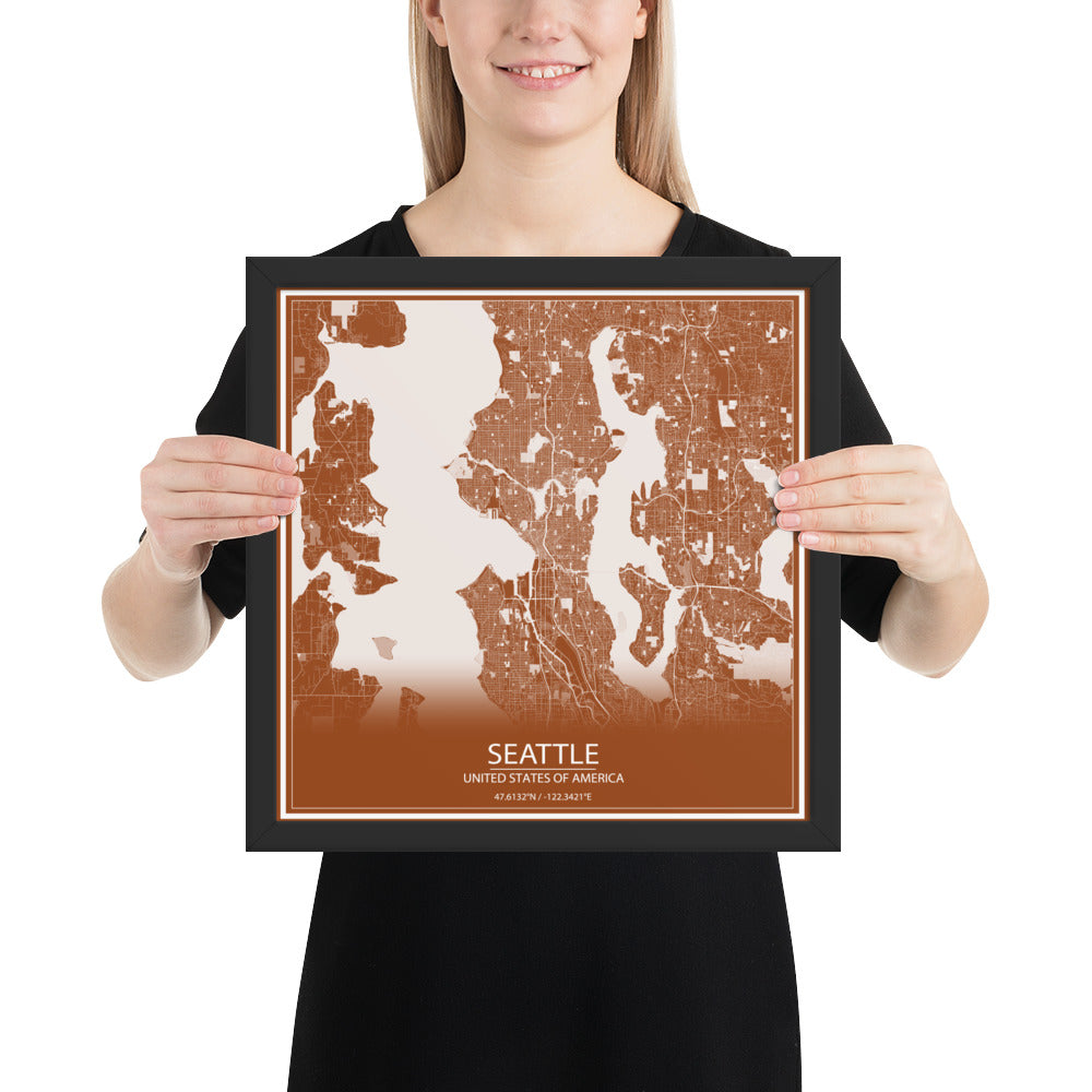 Seattle Brown and White Framed Map