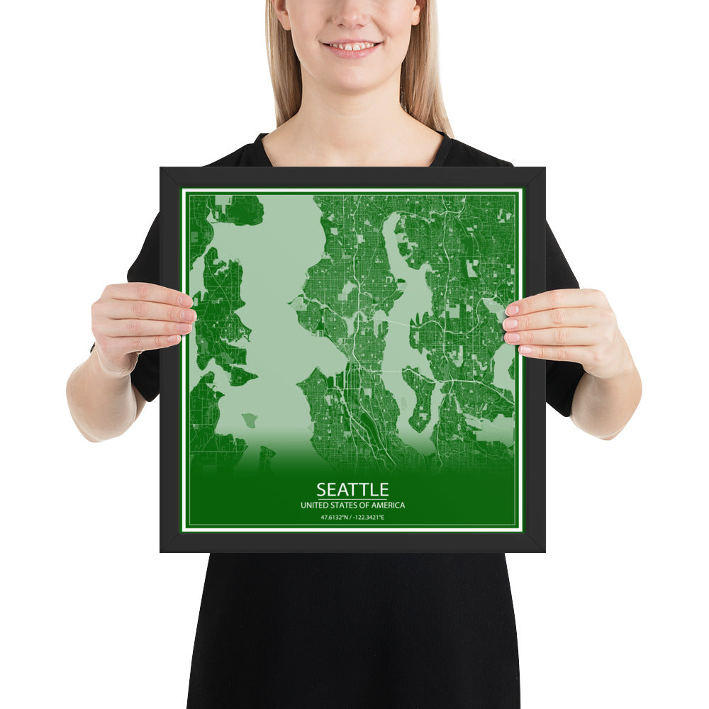 Seattle Green and White Framed Map