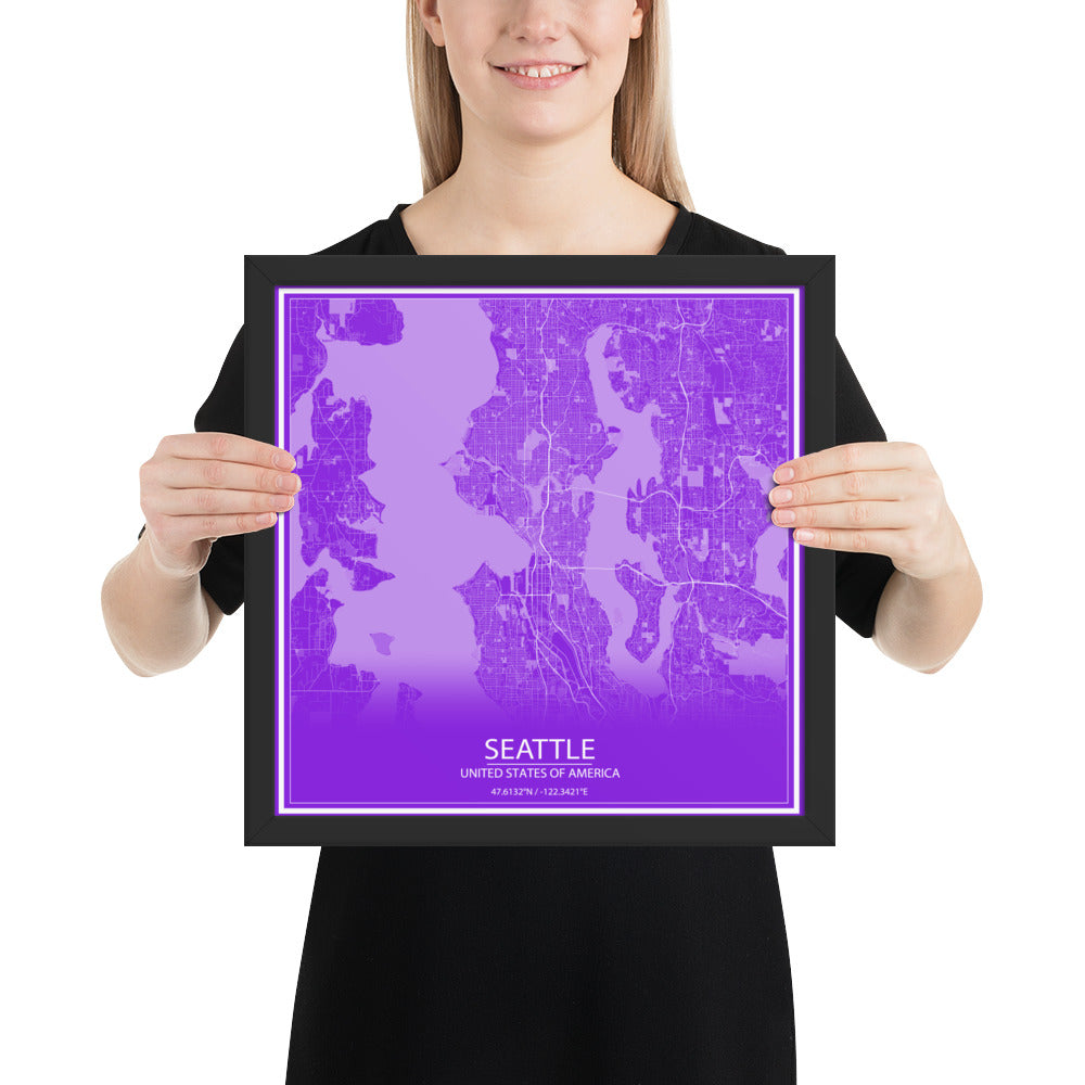 Seattle Purple and White Framed Map