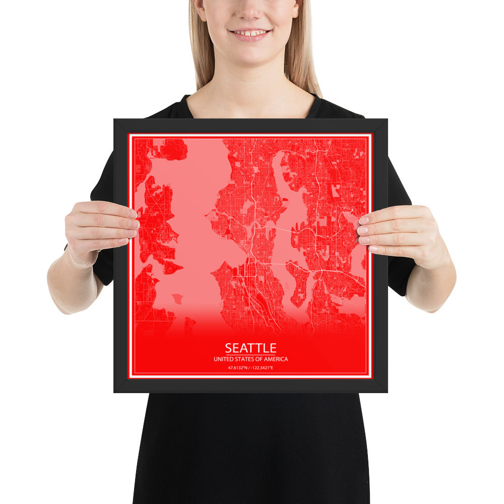 Seattle Red and White Framed Map