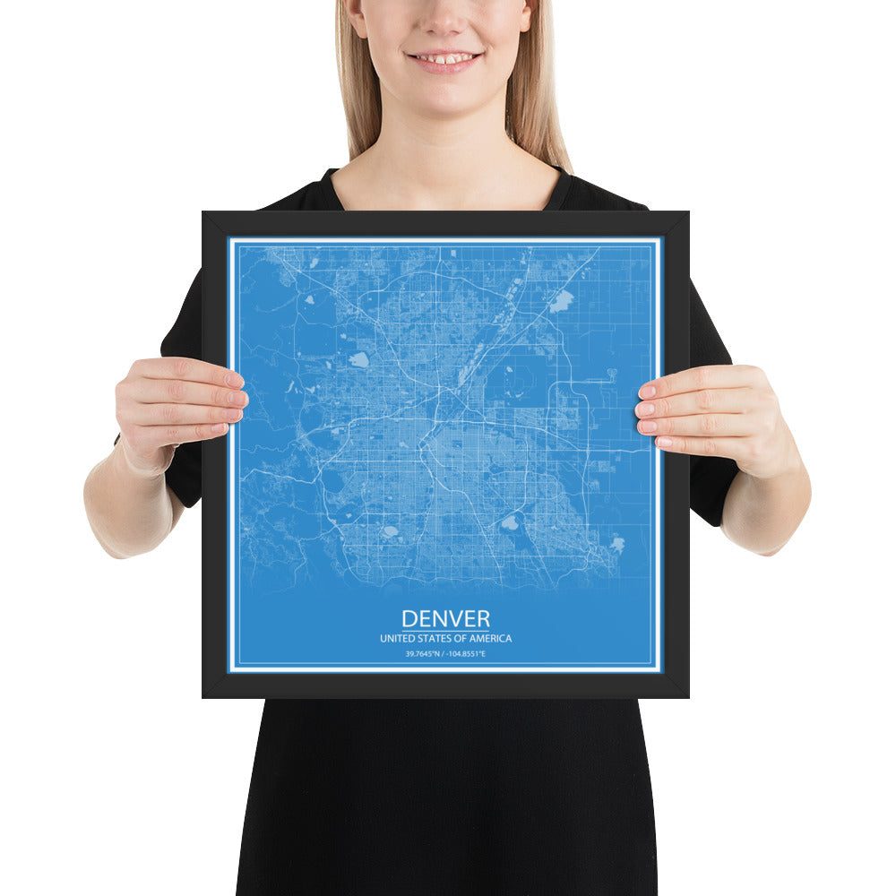 Denver Blue and White Framed Map