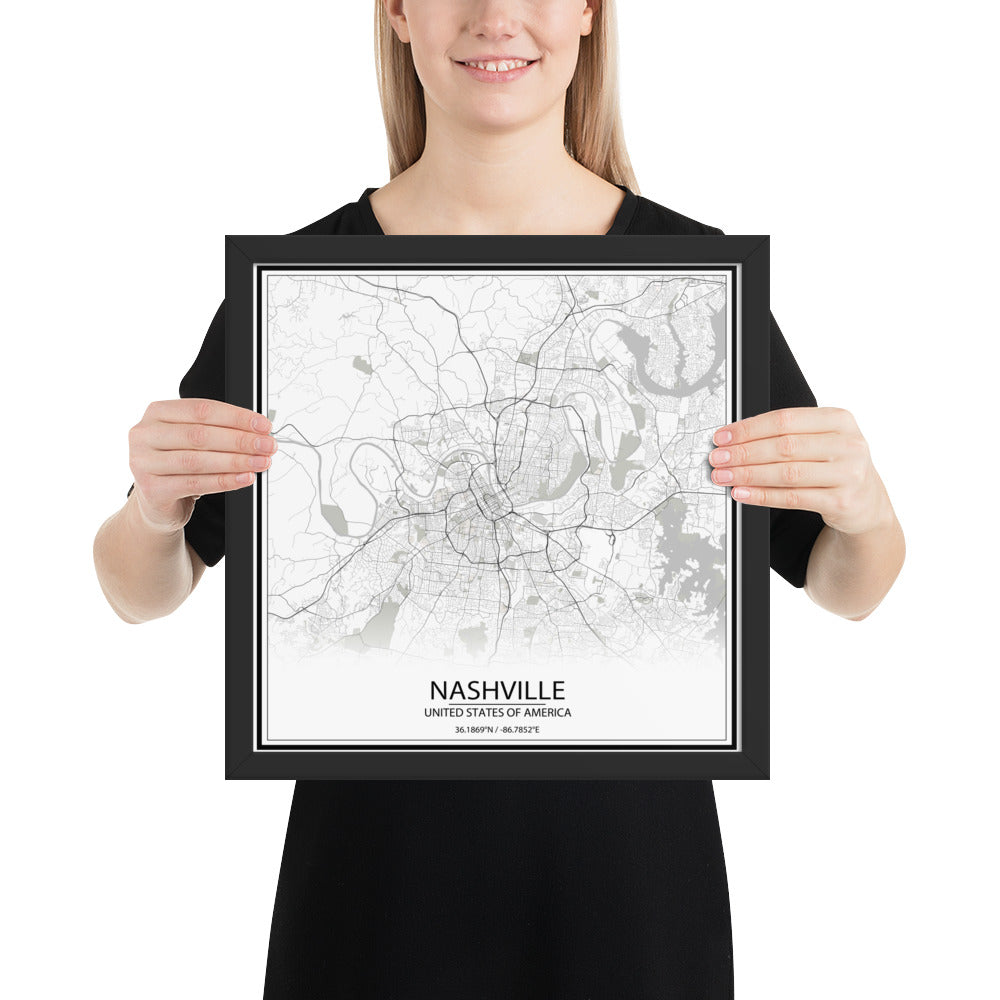 Nashville White Framed Map