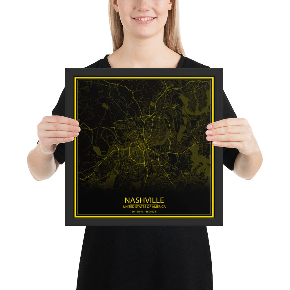 Nashville Black and Yellow Framed Map