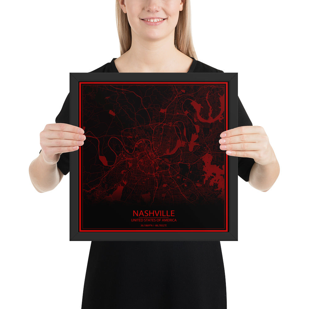 Nashville Black and Red Framed Map