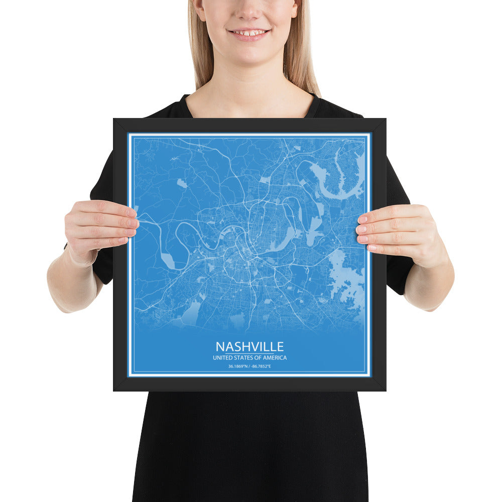 Nashville Blue and White Framed Map