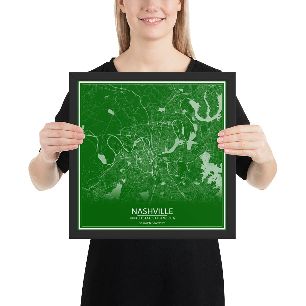 Nashville Green and White Framed Map