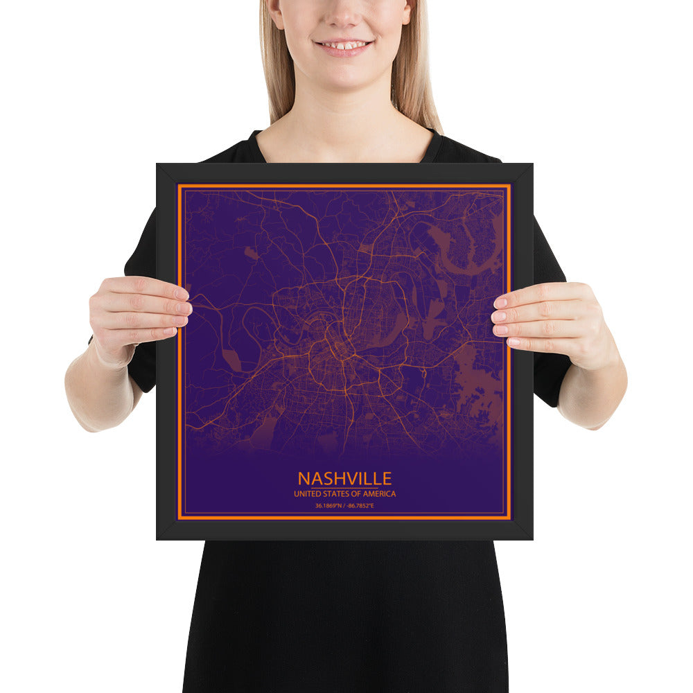 Nashville Purple and Orange Framed Map