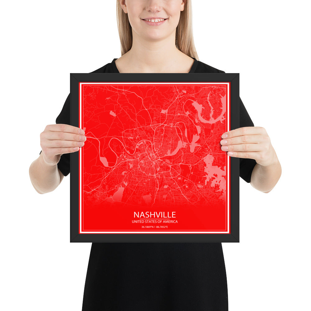 Nashville Red and White Framed Map