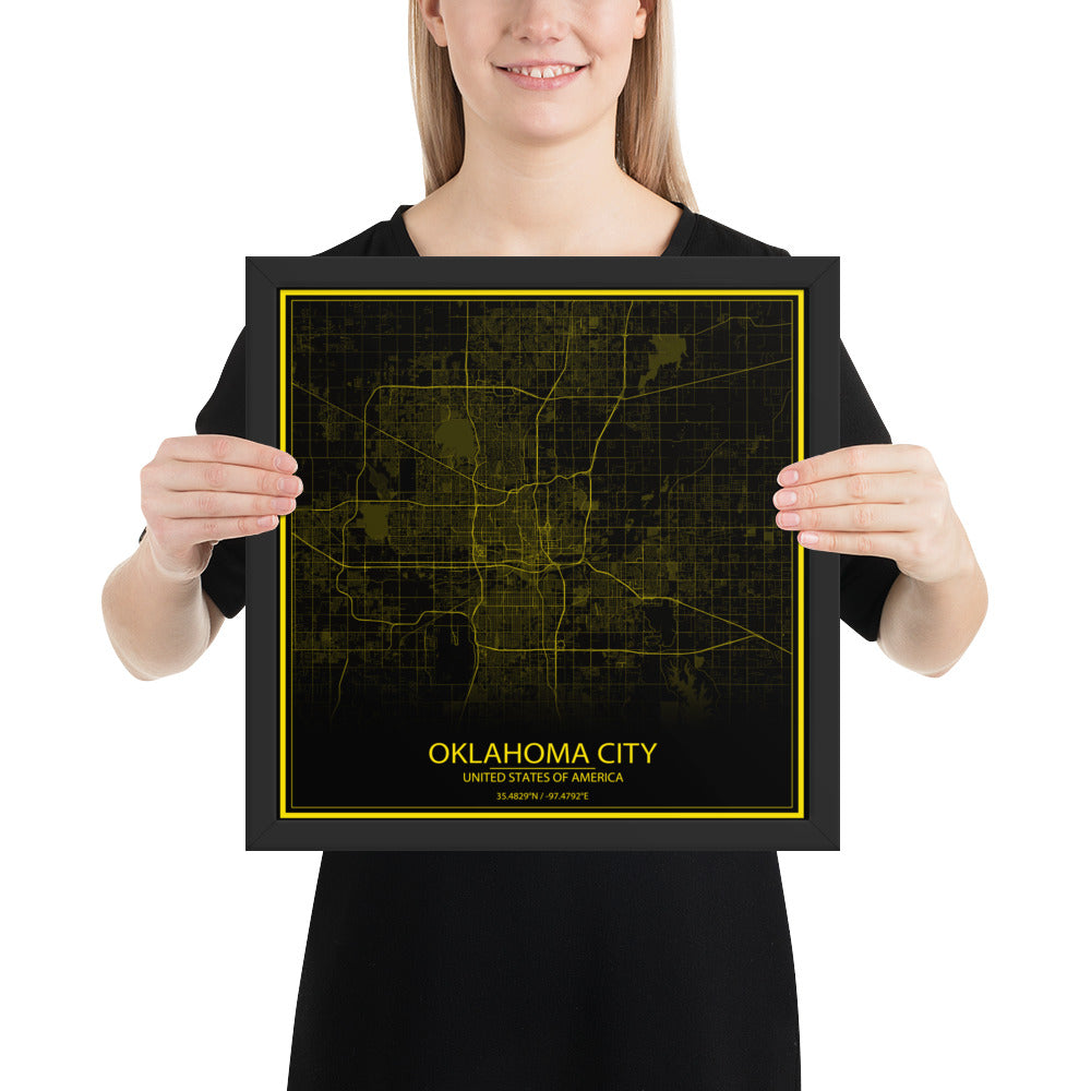 Oklahoma City Black and Yellow Framed Map