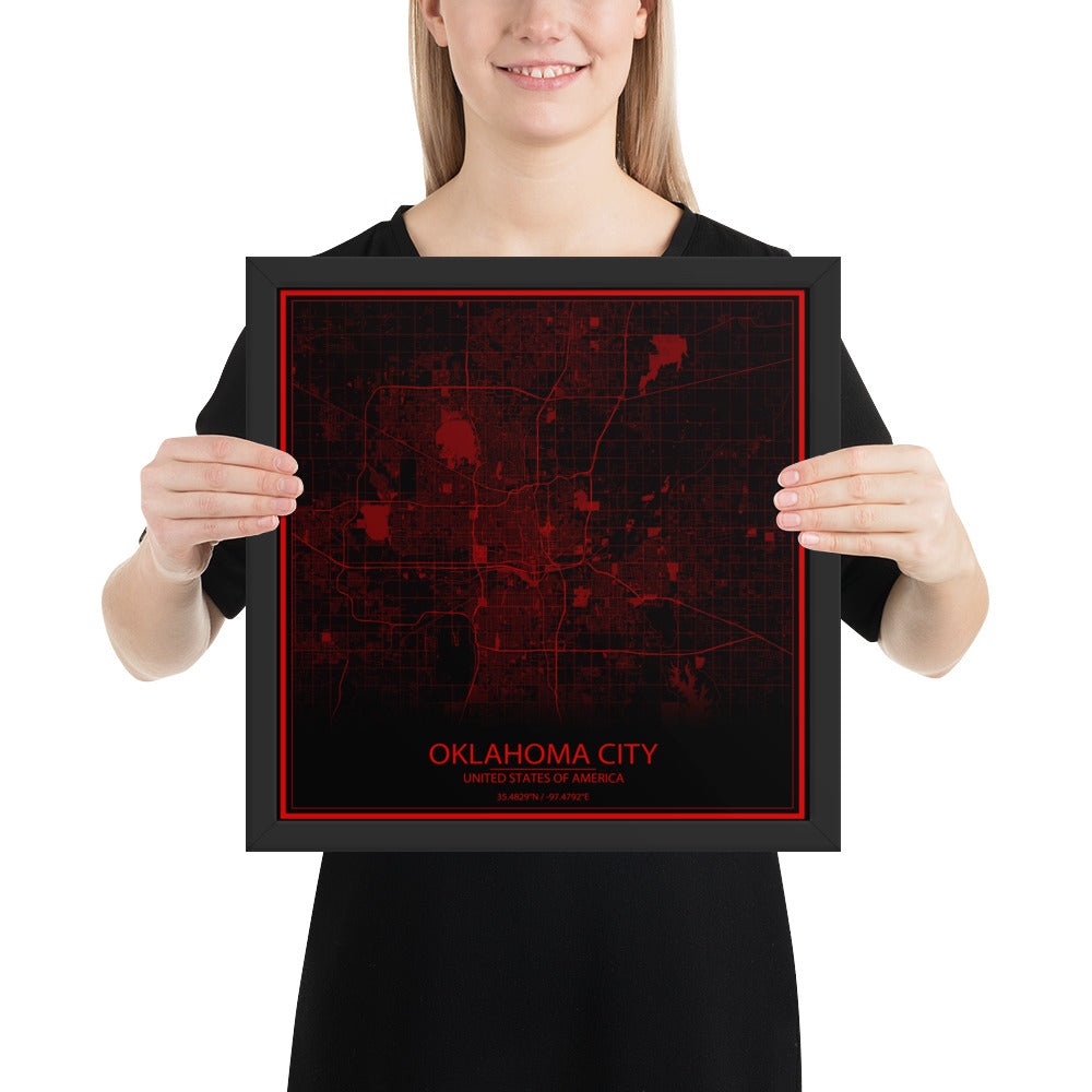 Oklahoma City Black and Red Framed Map