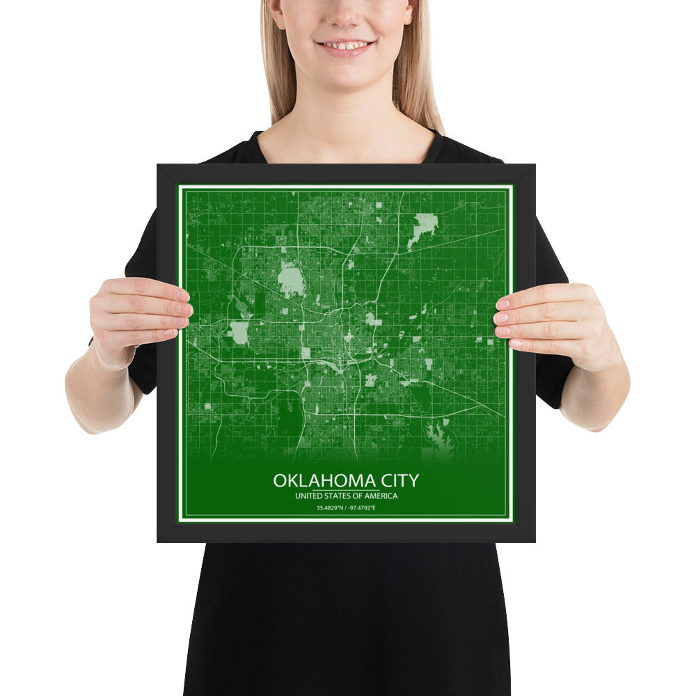 Oklahoma City Green and White Framed Map