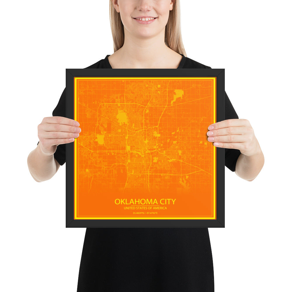 Oklahoma City Orange and Yellow Framed Map