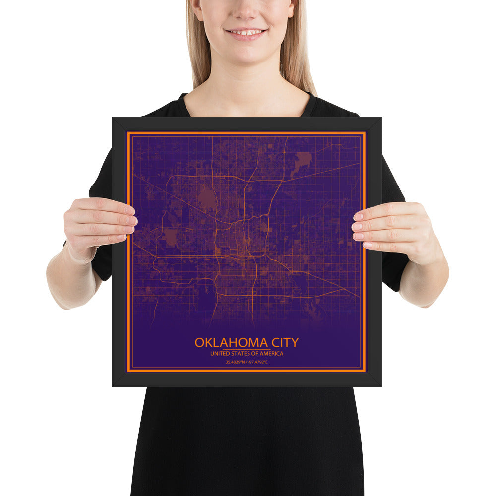 Oklahoma City Purple and Orange Framed Map