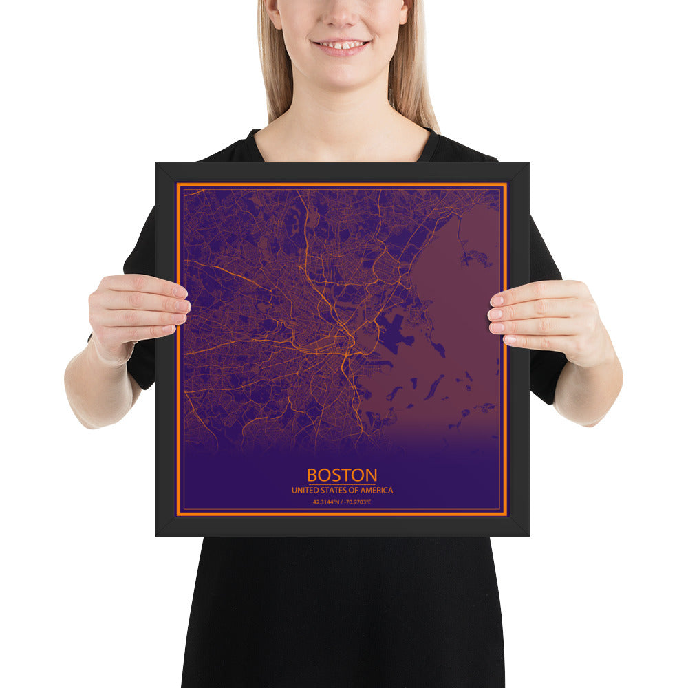 Boston Purple and Orange Framed Map