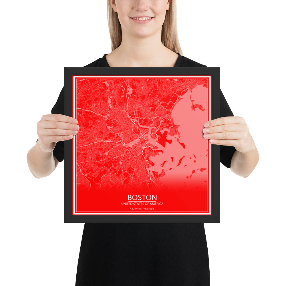 Boston Red and White Framed Map