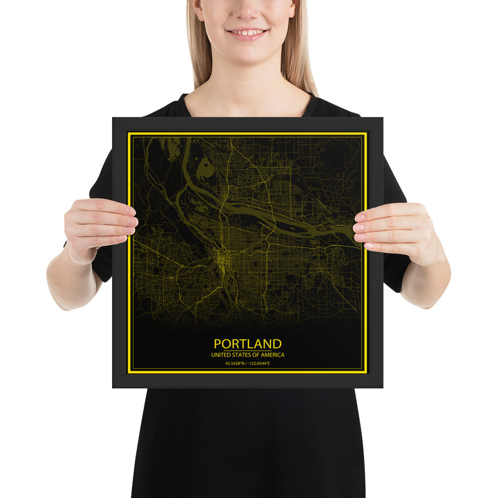 Portland Black and Yellow Framed Map