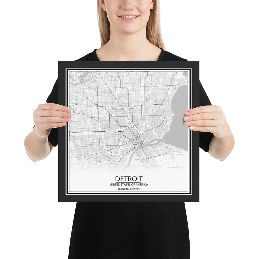 Detroit White Framed Map