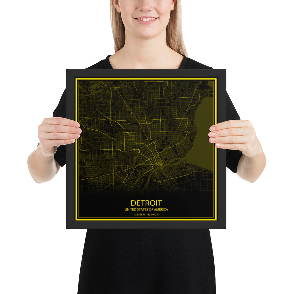 Detroit Black and Yellow Framed Map