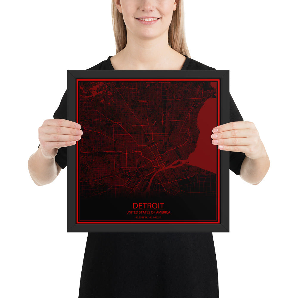 Detroit Black and Red Framed Map