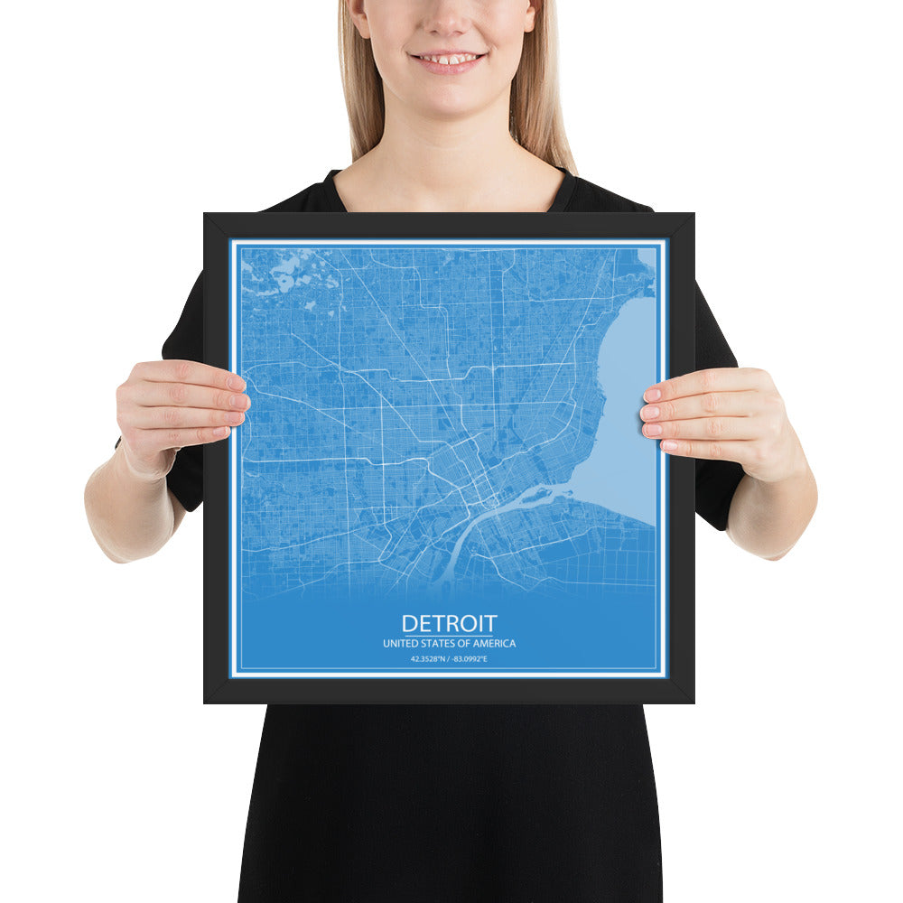 Detroit Blue and White Framed Map