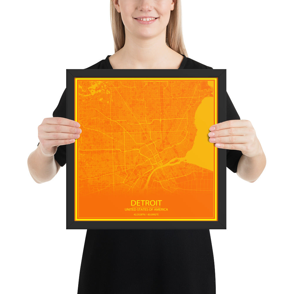 Detroit Orange and Yellow Framed Map