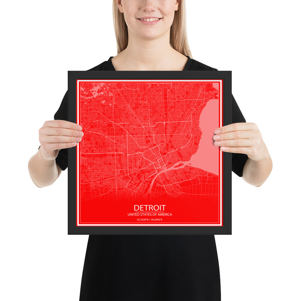 Detroit Red and White Framed Map