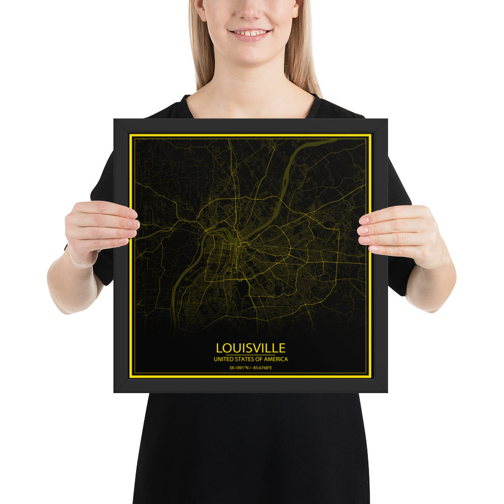 Louisville Black and Yellow Framed Map