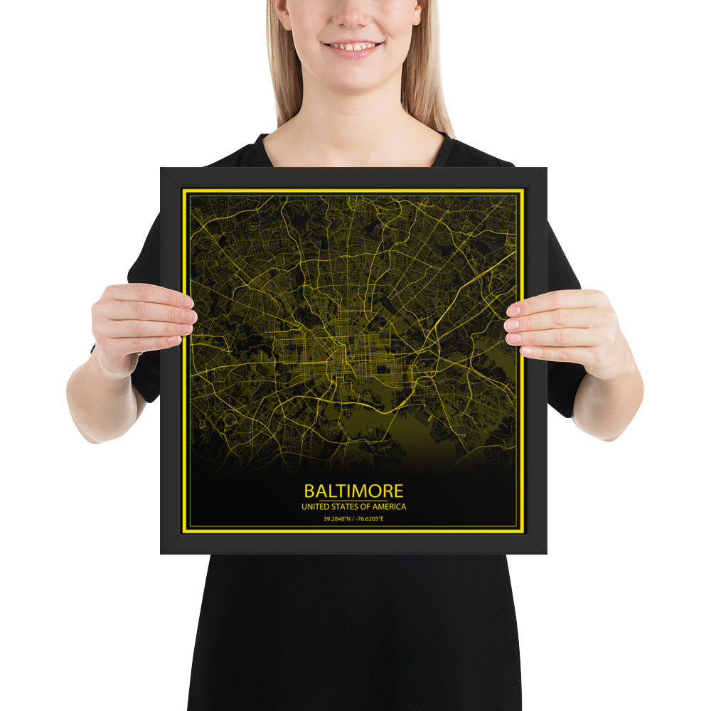 Baltimore Black and Yellow Framed Map