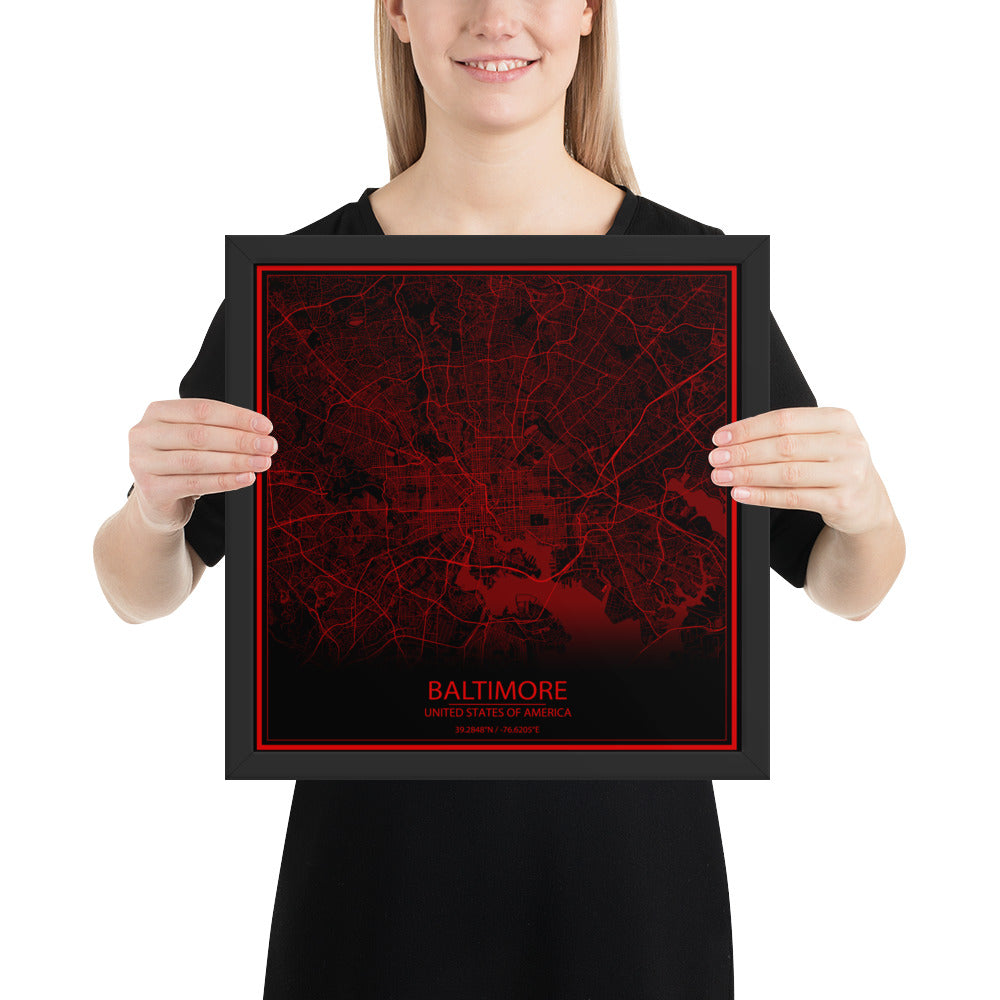 Baltimore Black and Red Framed Map