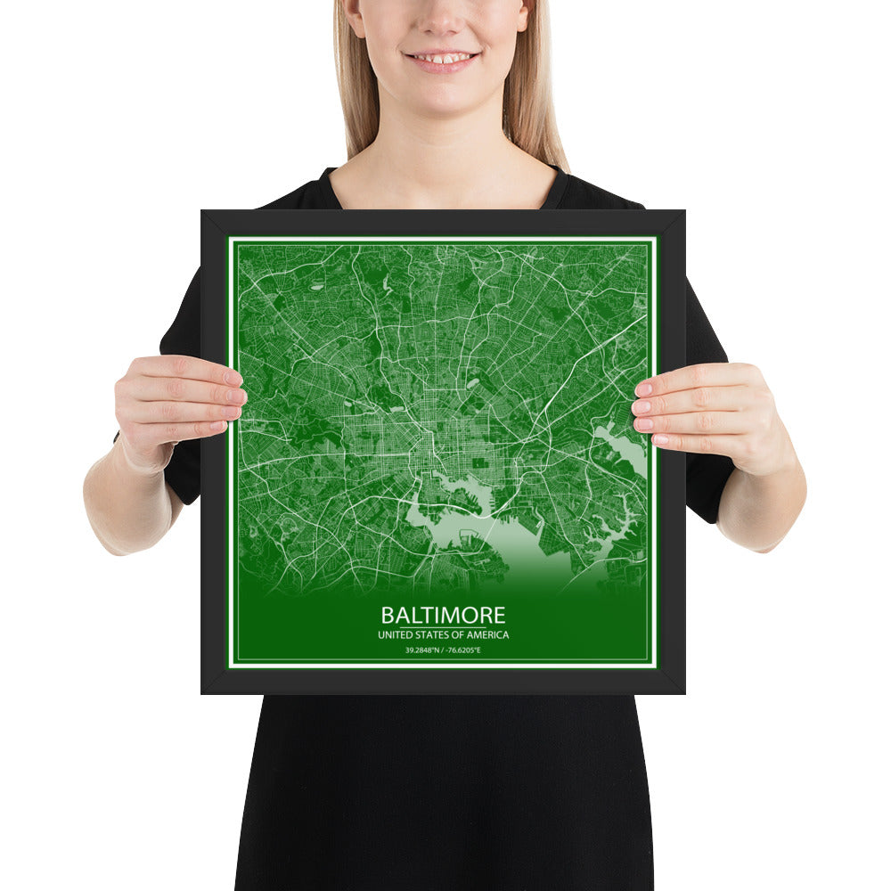 Baltimore Green and White Framed Map