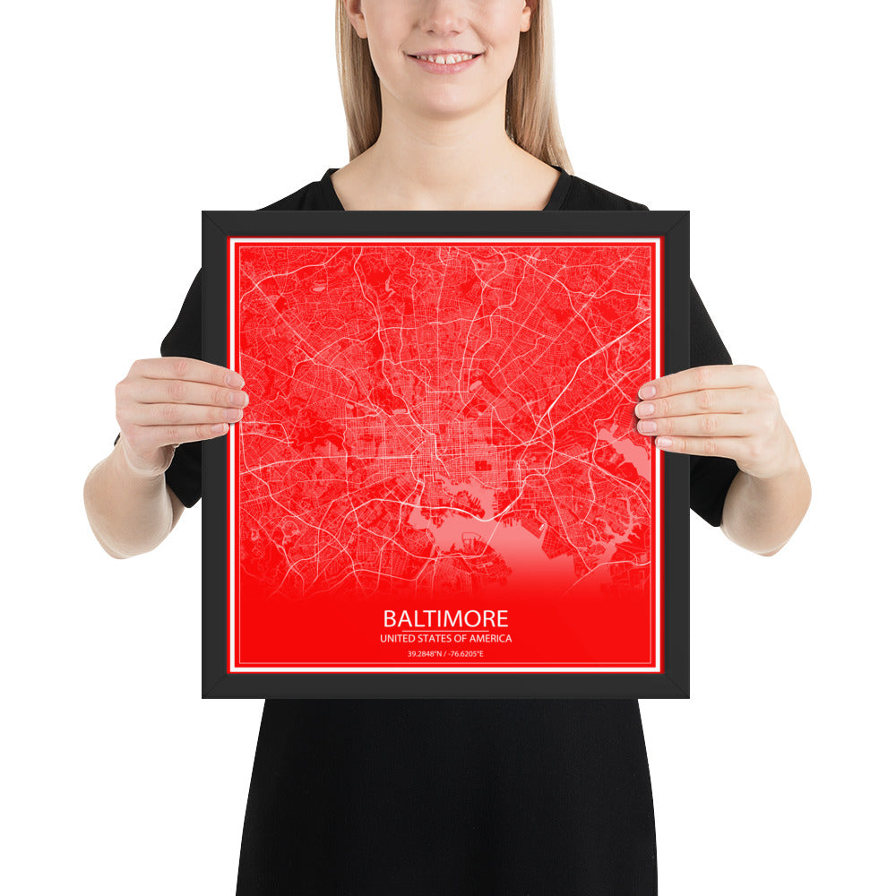 Baltimore Red and White Framed Map