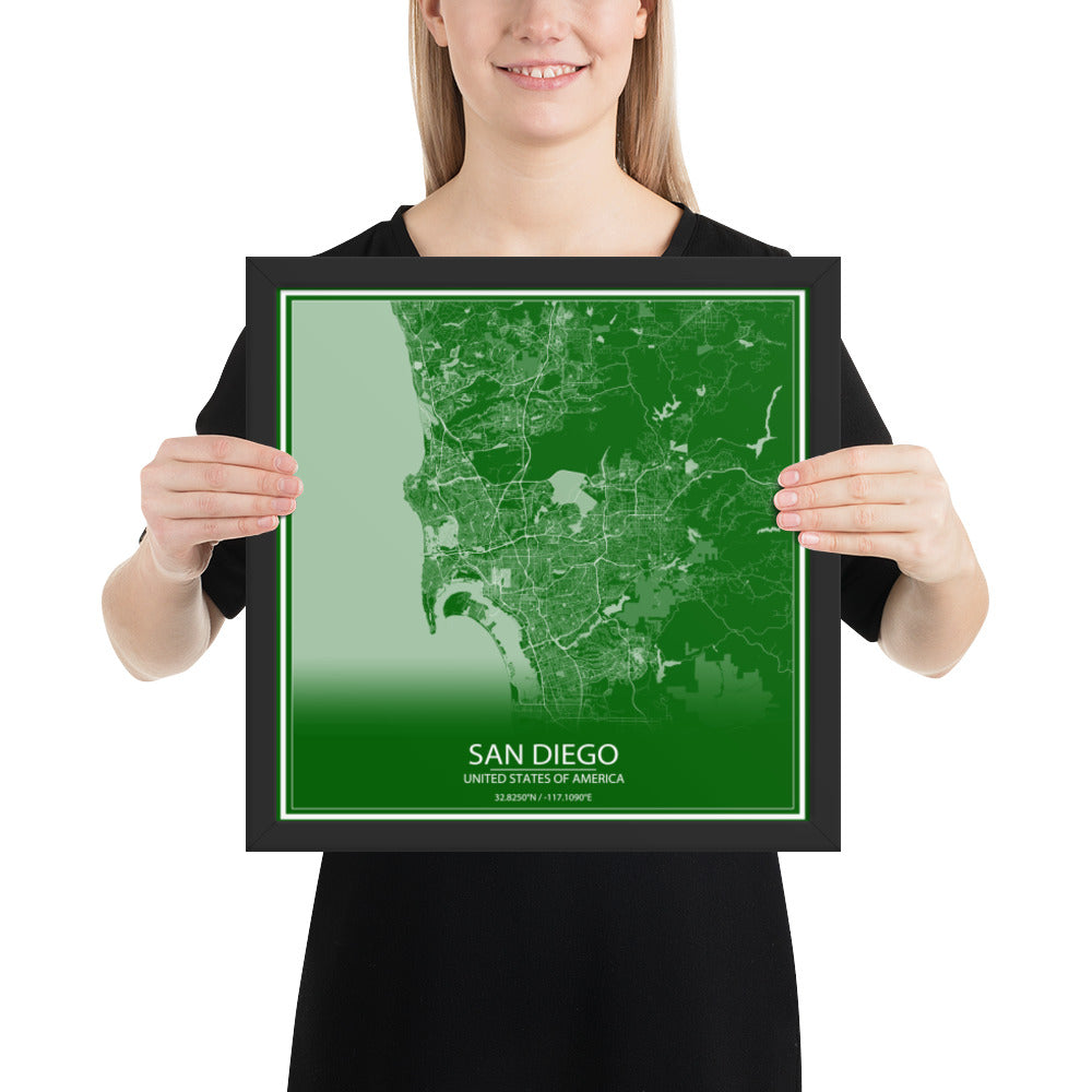 San Diego Green and White Framed Map