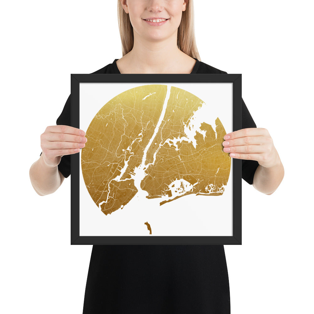 New York Gold on White Framed Map