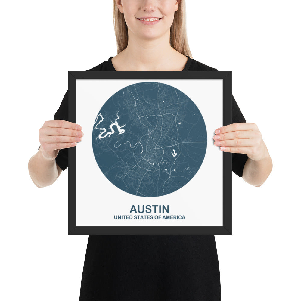 Austin Circular Blue Framed Map