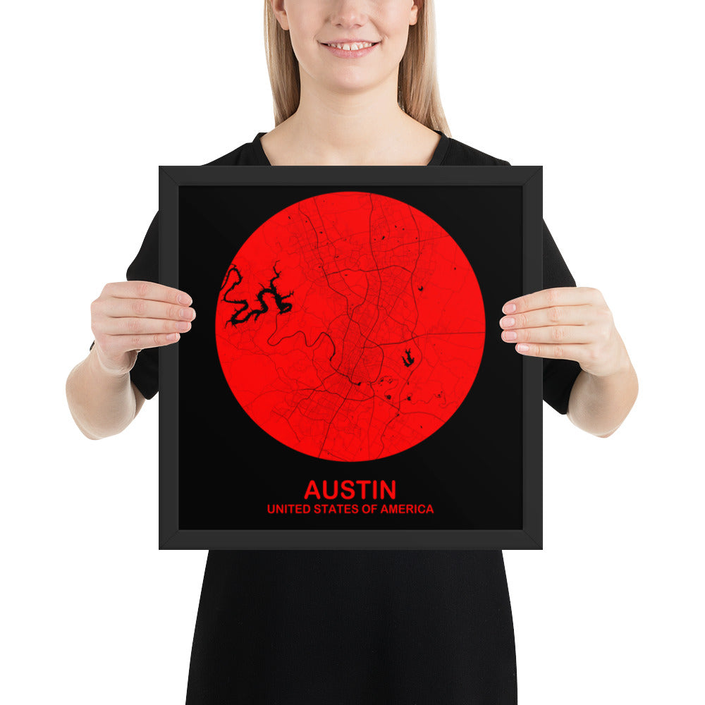 Austin Circular Red Framed Map