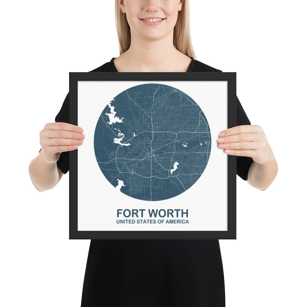 Fort Worth Circular Blue Framed Map